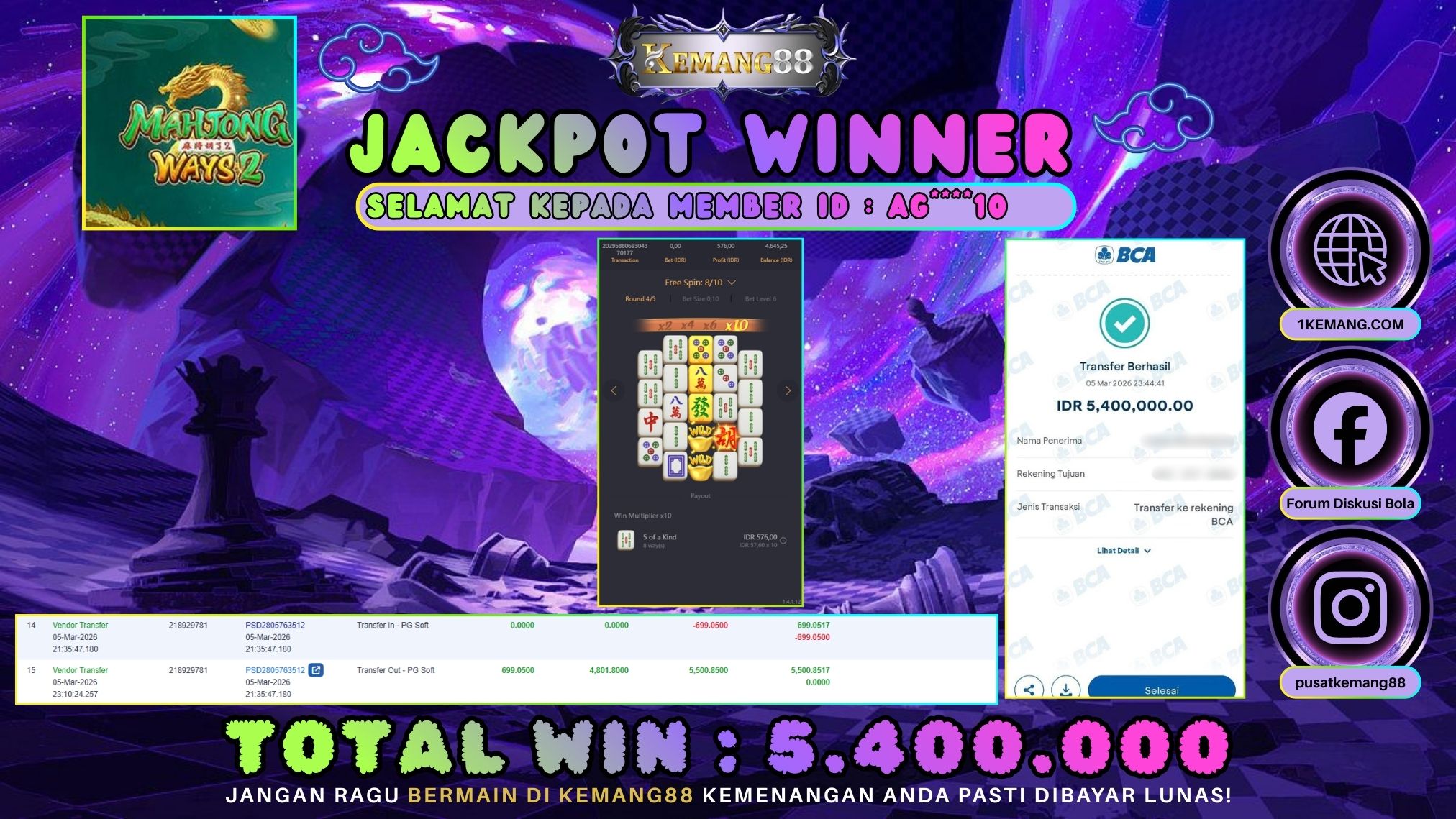 KEMANG88 [05 Maret 2026] : JACKPOT SLOT : MAHJONG WAYS 2 [PG] Rp. 5.400.000.,- LUNAS